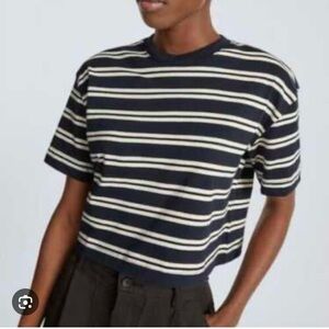 EVERLANE- The Original Cotton Box-Cut Tee- Navy and White Classic Stripes